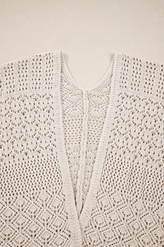 Solid Hollow Knit Open-Front Cardigan
