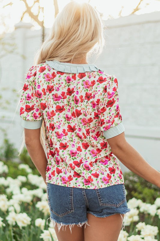 Romy Floral Striped Patchwork Collared Short Sleev