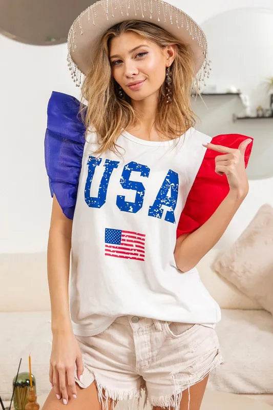 BiBi USA Theme Color Block Organza Ruffle Sleeve Top