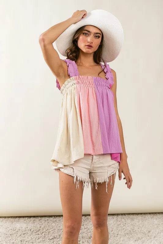BiBi Frill Shoulder Strap Color Block Bodice Top