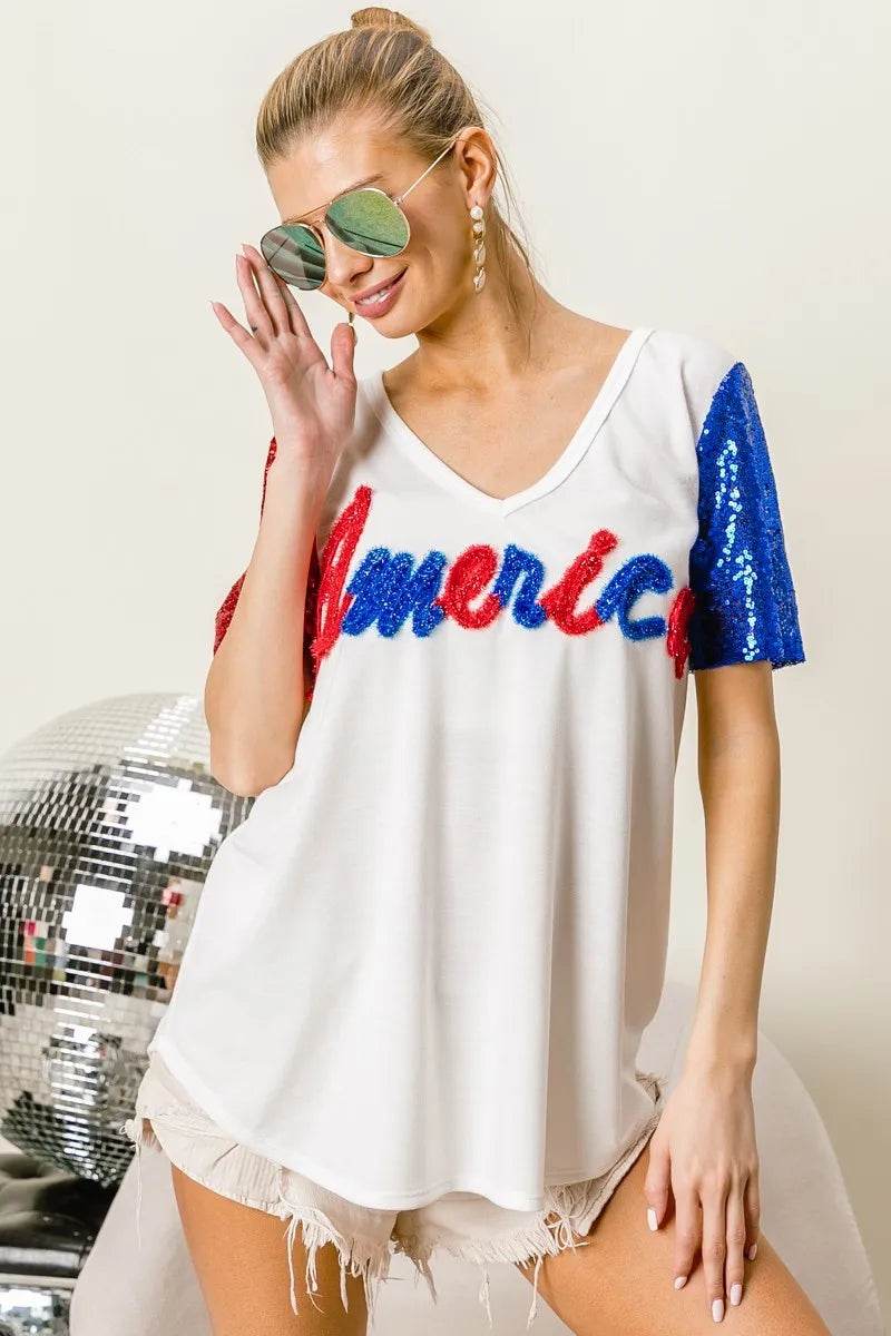 BiBi Metallic Letter V-neck Sequin Sleeves Top
