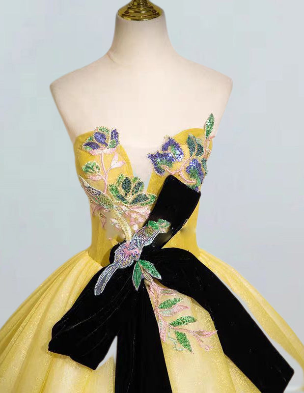 Yellow strapless lace long tulle ball gown prom dress