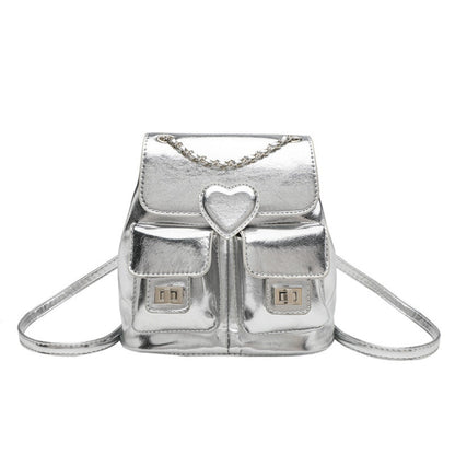 Elegant Design Silver Backpack Purse – Stylish Women's Fashion Chain Versatile Travel Bucket Bag with Metallic Finish
