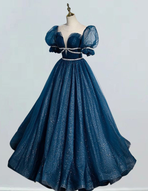Indigo Blue Tulle Ball Gown Bridal Dress | Scoop Neck, Sparkle, Elegant Evening Wear