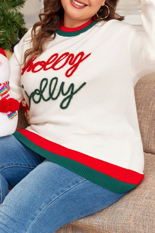 Plus Size Christmas Holly Jolly Colorblock Edge Sw