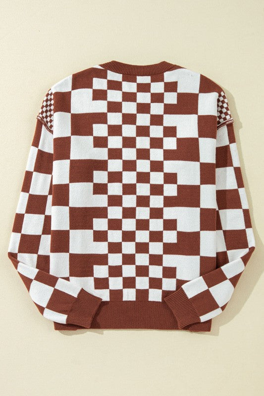 Checker Round Neck Drop Shoulder Sweater