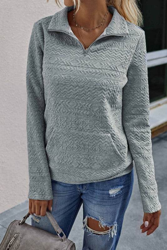 Half Zip Textured Solid Long Sleeve Pullover