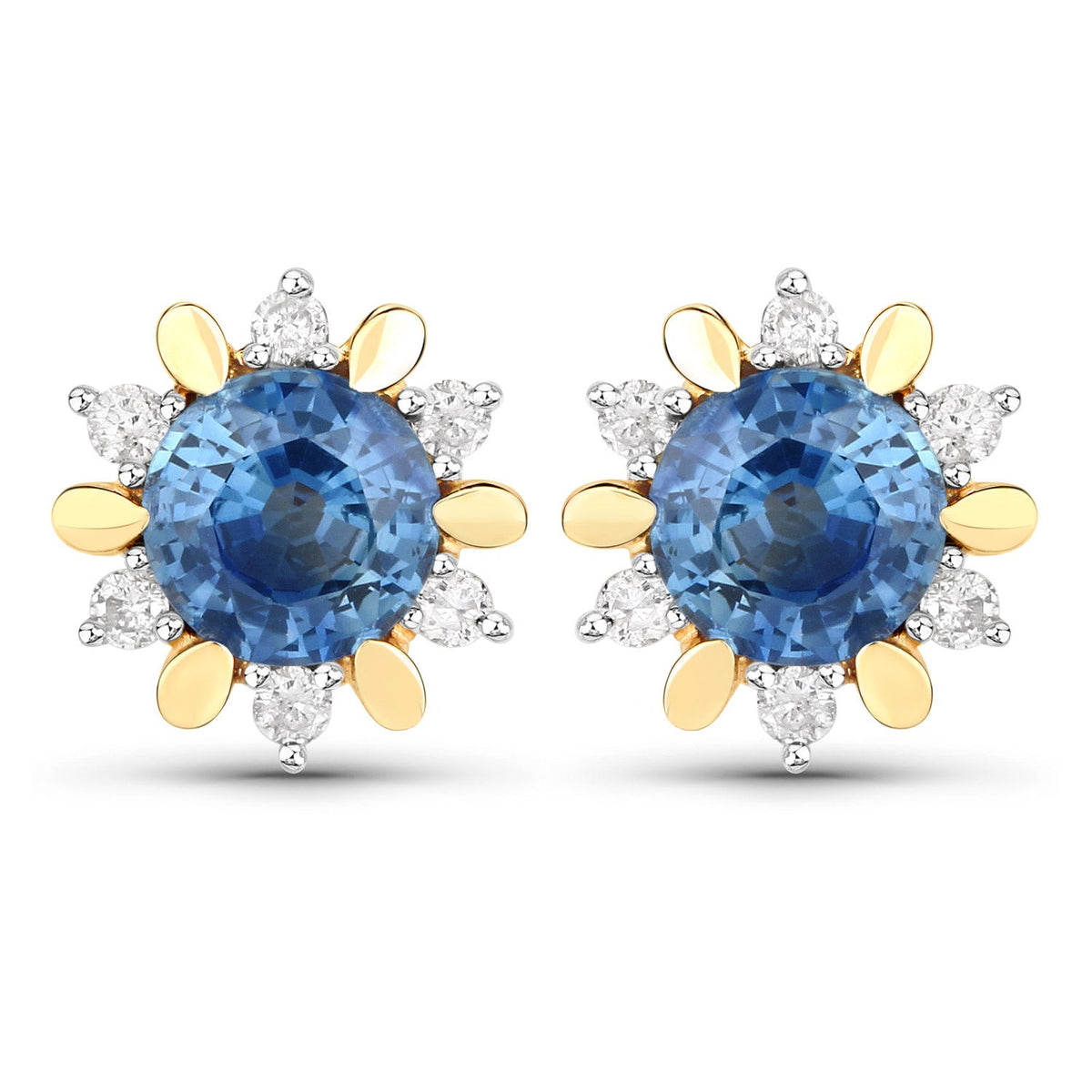 1.87 Carat Genuine Blue Sapphire and White Diamond 14K Yellow Gold Earrings