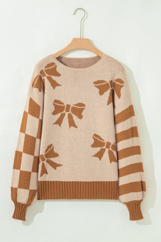 Bow Checker Stripe Patchwork Sleeve Sweater