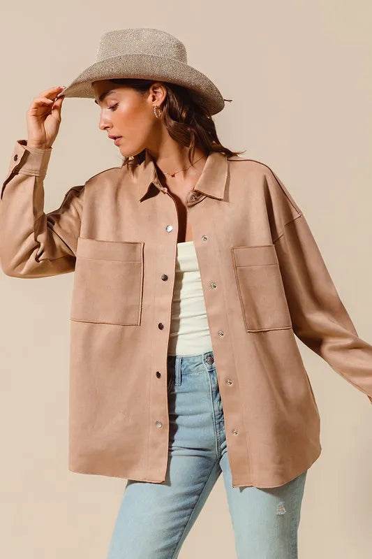 SO ME Faux Sued Snap Shacket with Collar and Pockets