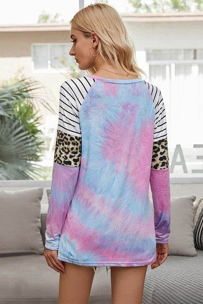 Crew Neck Patchwork Tie Dye Fit Loose Shirt