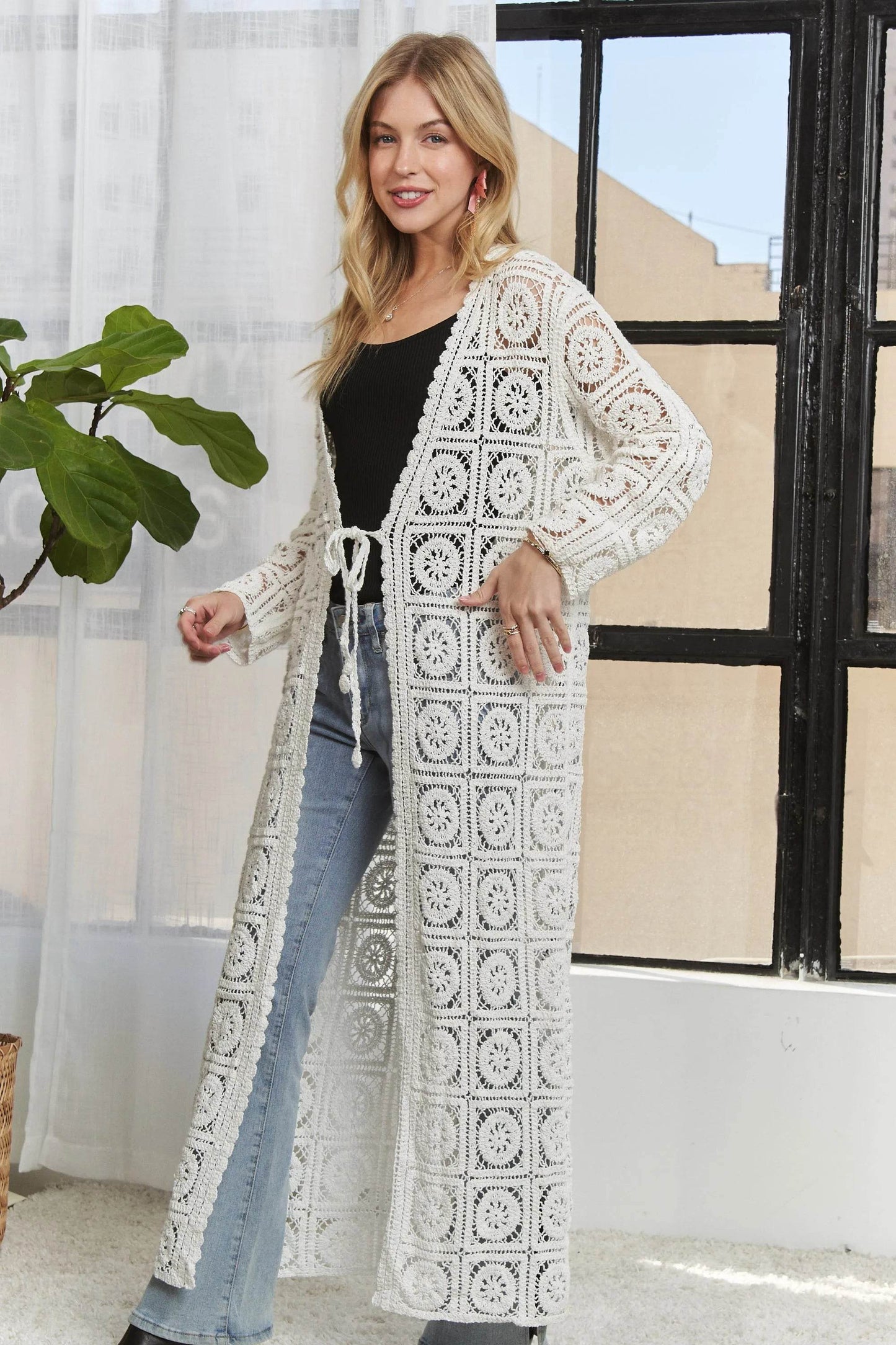 ADORA Long Sleeves Crochet Elastic Cardigan