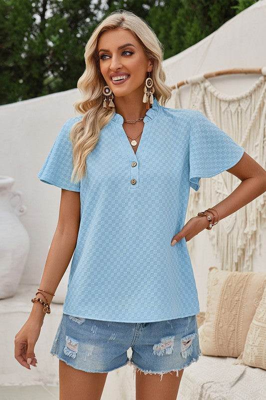 V Neck Loose Fit Solid Button Plaid Shirt