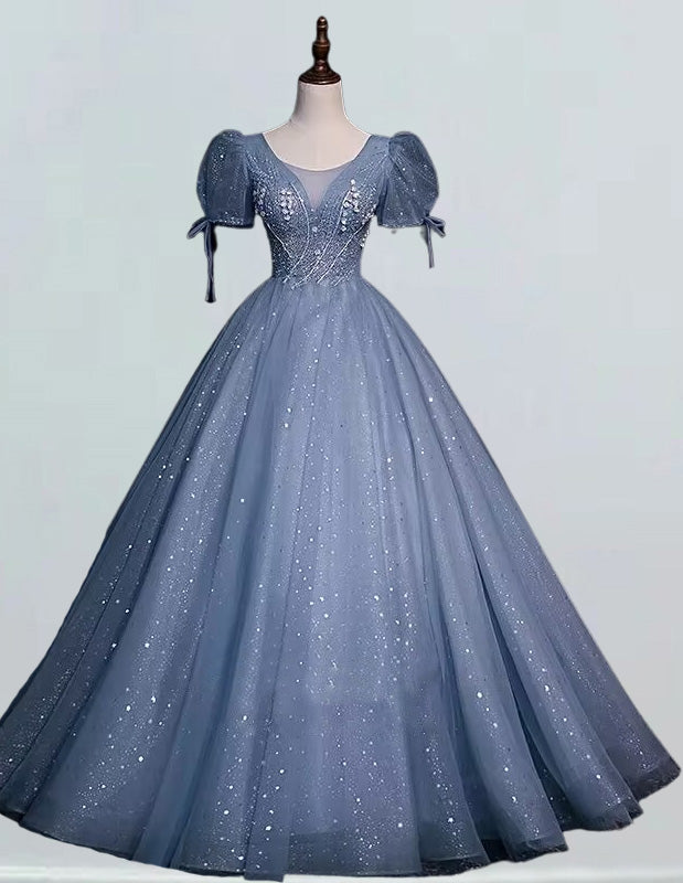 Gray blue scoop short sleeve long tulle ball gown bridal dress