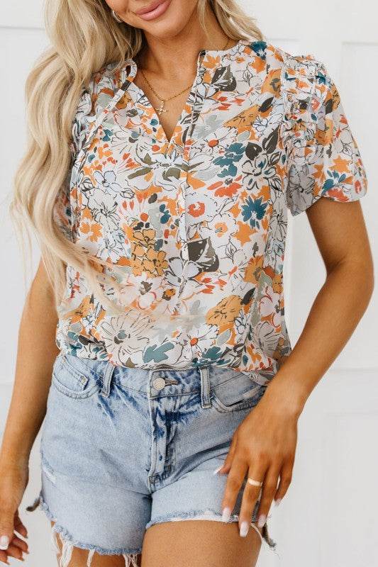 Milena Split V Neck Puff Sleeve Flower Print Blous