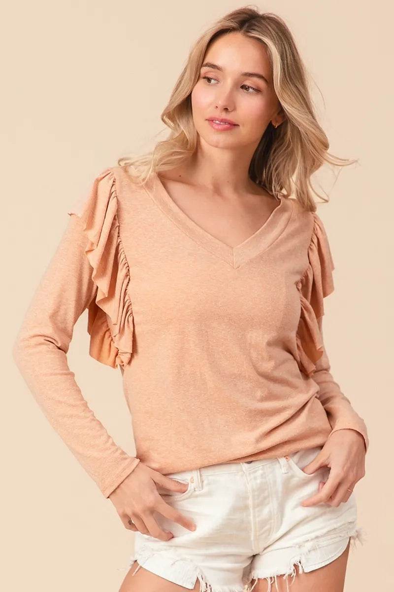 BiBi Triblend V Neck Top with Shoulder Shrring Detail