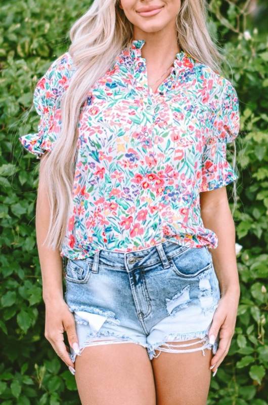 Azaria Floral Print Button Split Neck Puff Sleeve