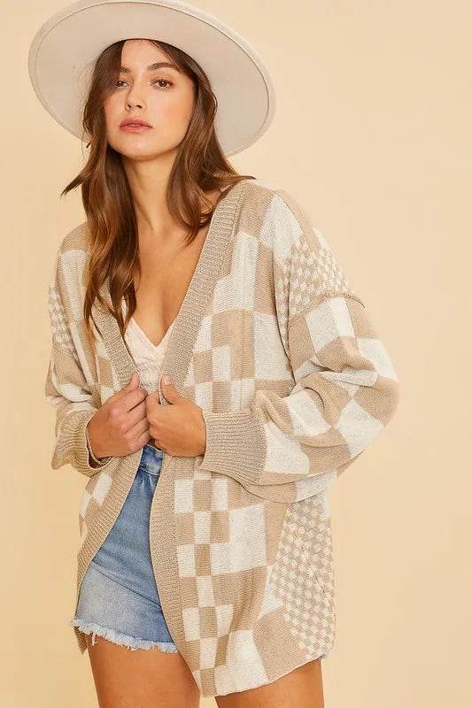 Annie Wear Checkered Open Front Drop Shoulder Cardigan