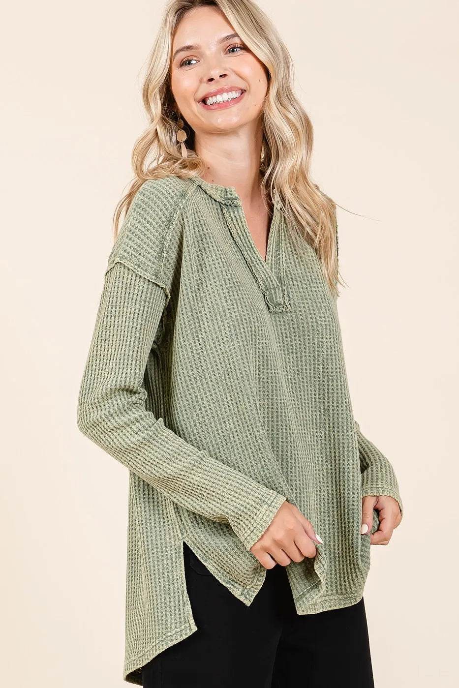 Mittoshop Mineral Wash Waffle Knit V-Neck Long Sleeve Top
