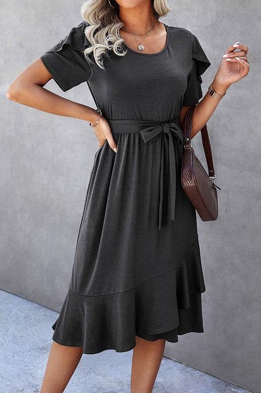 Petal Sleeve Ruffle Trim Wrap Belted Midi Dress