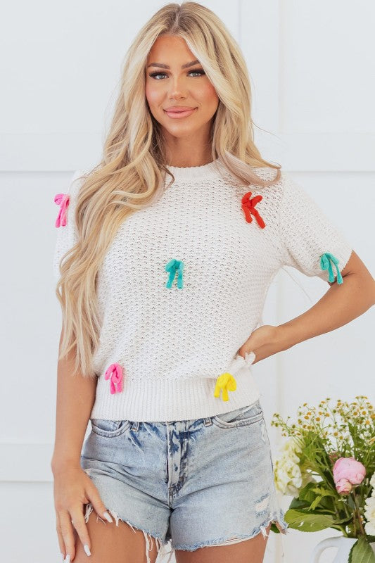 Bow Knit Crewneck Short Sleeve Sweater
