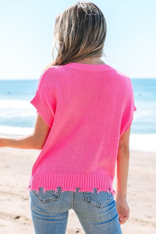 Janelle Distressed Hem Short Sleeve Button Sweater
