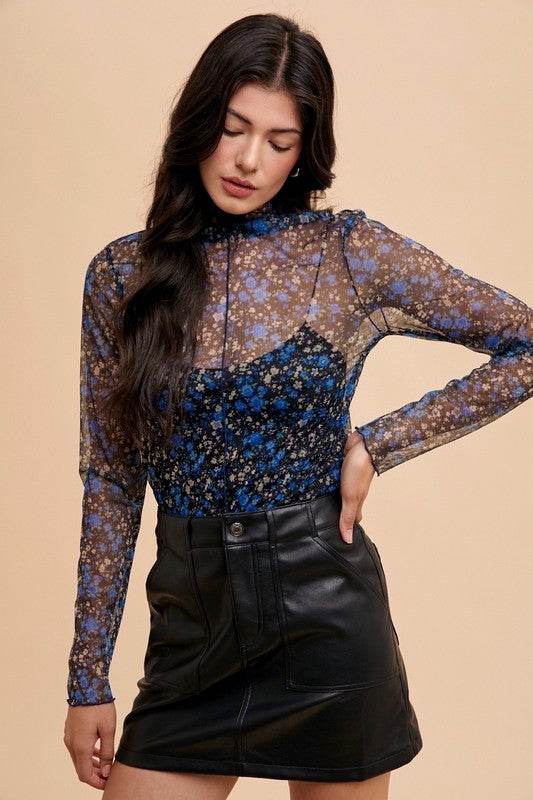 Annie Wear Floral Lettuce Hem Sheer Mesh Top