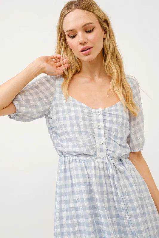 And The Why Puff Sleeve Ruched Button Front Gingham Dress