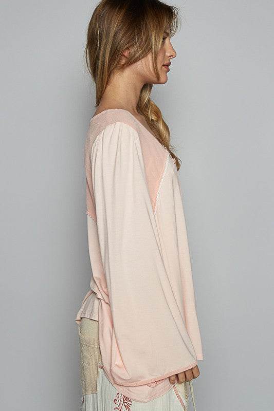 POL Contrast Button Front Long Sleeve Knit Top