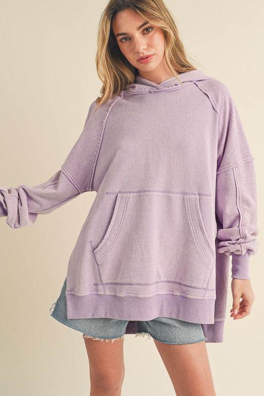 Aemi + Co Exposed Seam Side Slit Hoodie with Kangaroo Pocket