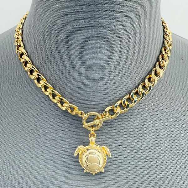 Gold Finish Cuban Link Chain with Turtle Pendant