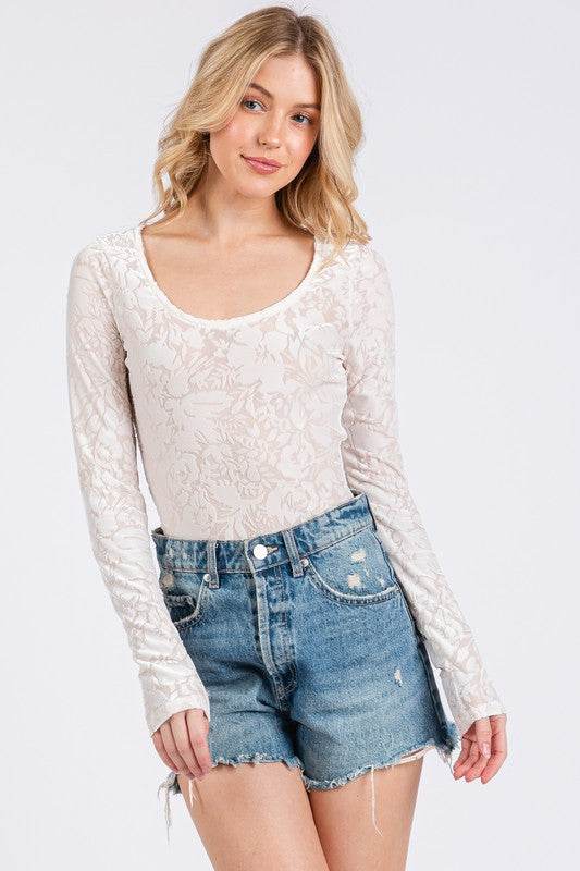 Ces Femme Velvet Floral Long Sleeve Bodysuit