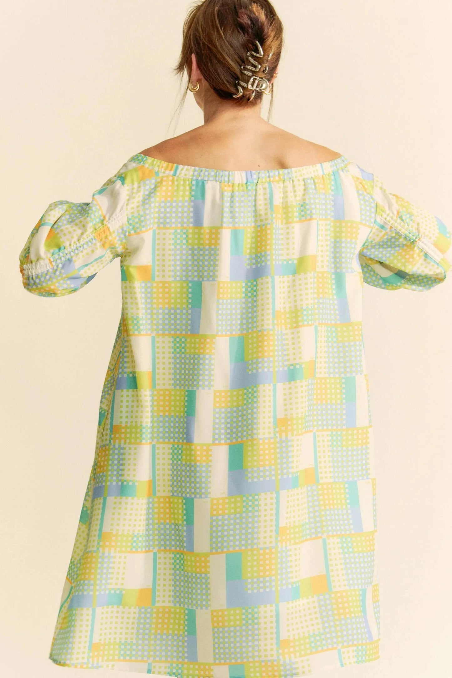 Davi & Dani Printed Off Shoulder Drawstring Sleeve Mini Dress