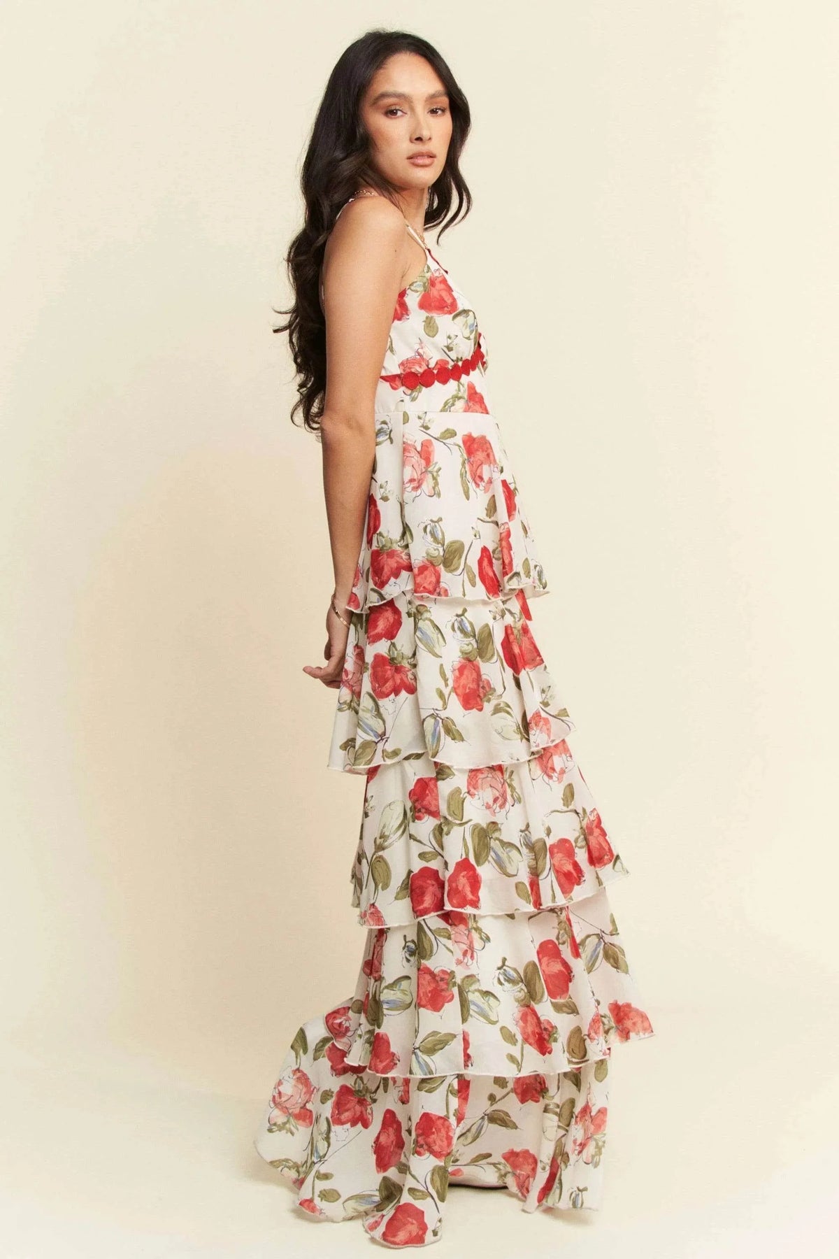 Davi & Dani Contrast Ring Lace Layered Ruffle Maxi Cami Dress