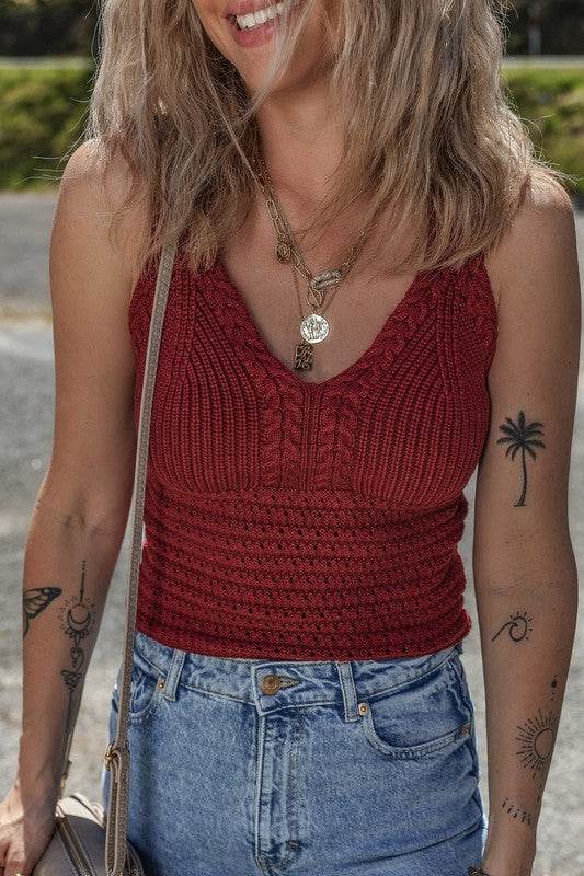 Burgundy Cable Knit Pointelle Slim Sweater Vest