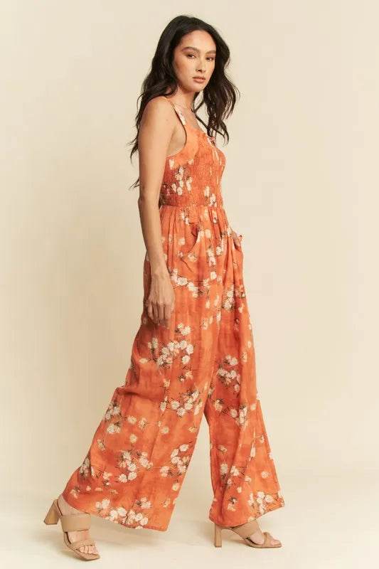 Davi & Dani Floral Ruffle Square Neck Smocking Bodice Jumpsuit