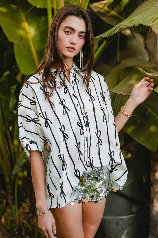 BiBi Bow Ribbon Woven Printed Button Down Shirt