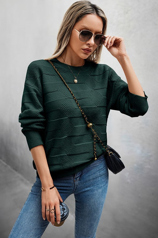 Solid Round Neck Knit Loose Long Sleeves Sweater