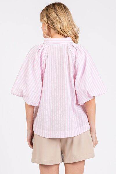 Mittoshop Button Down Striped Puff Sleeve Shirt