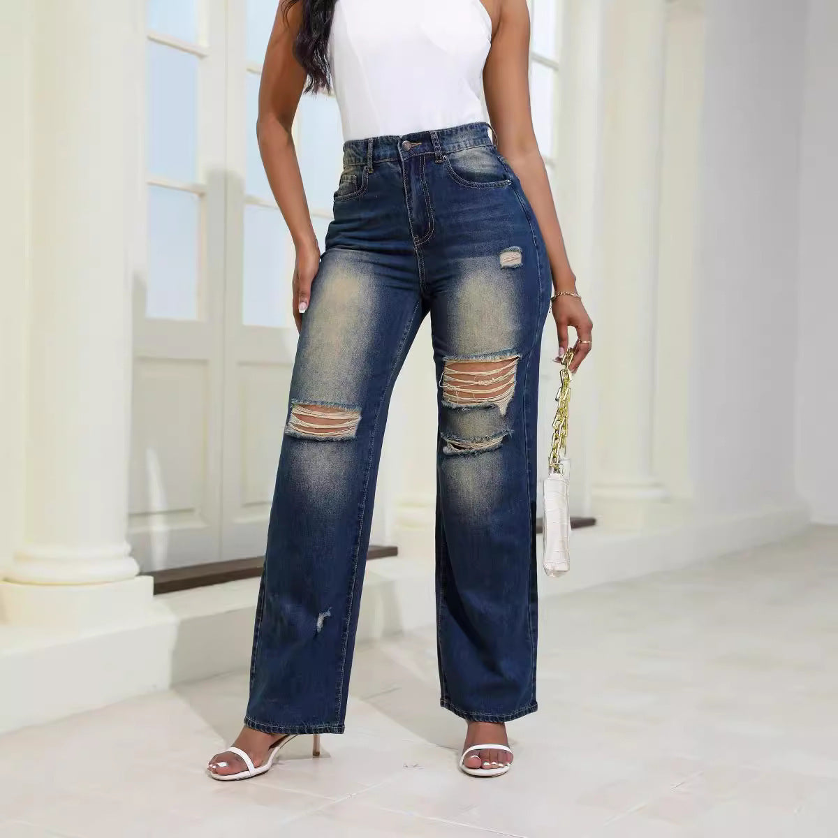 Fashion High Waist Ripped Jeans With Pockets Comfortable Slim Fit Trousers Straight Wide-leg Pants
