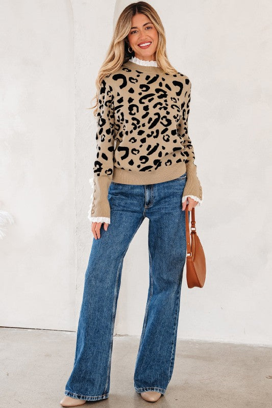 Leopard Lace Ribbed Trim Buttoned Cuff Sweater