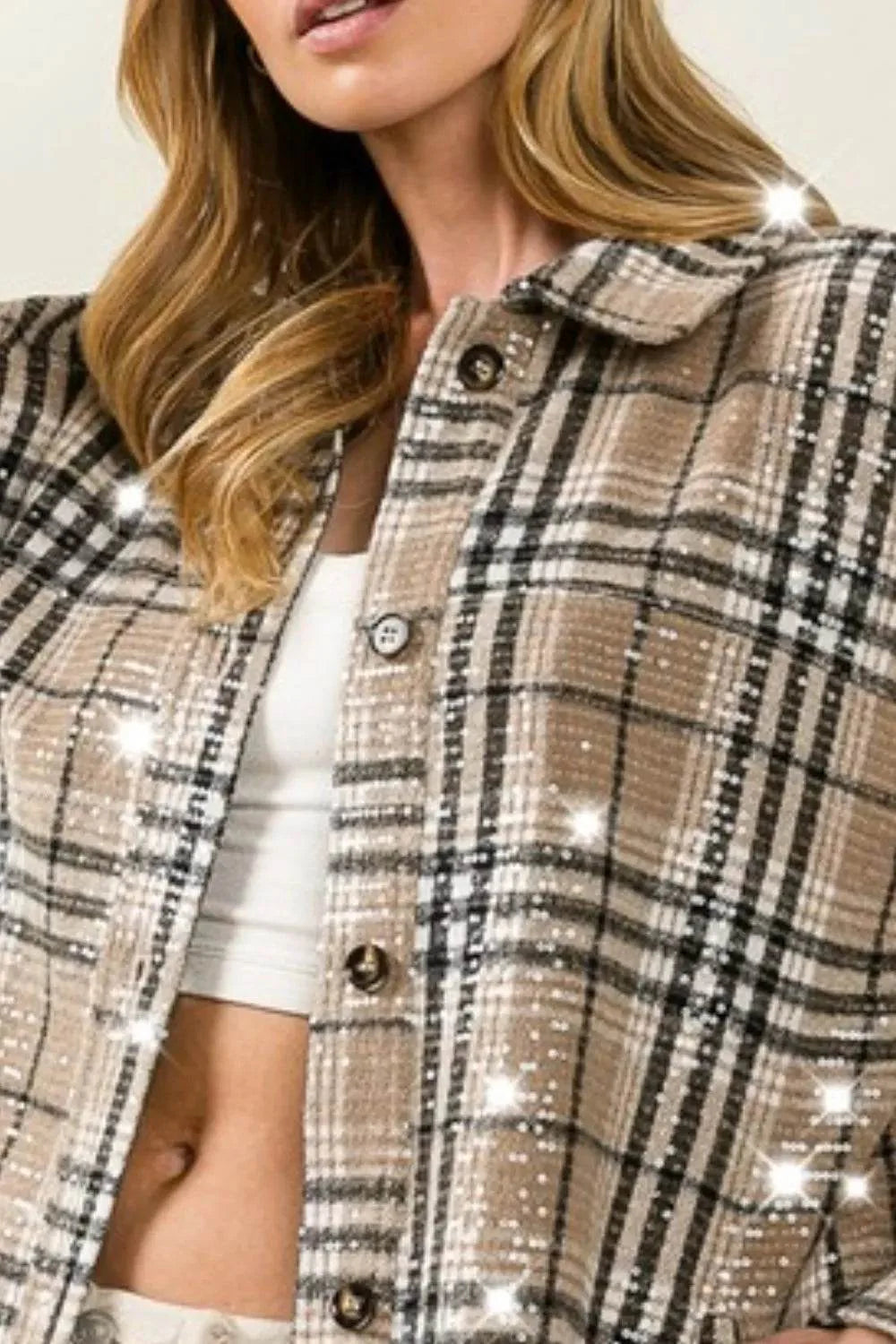 BiBi Allover Clear Sequins Vintage Plaid Jacket