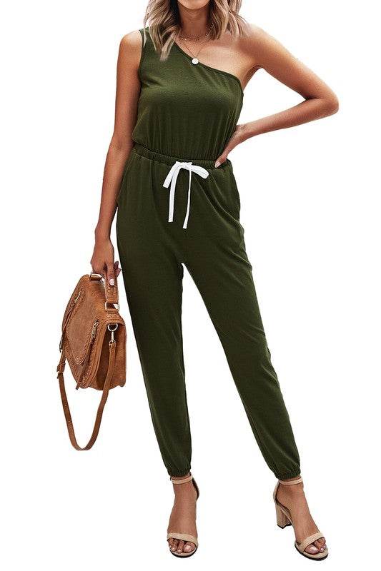 One Shoulder Sleeveless Elastic Waist Jumpsuit