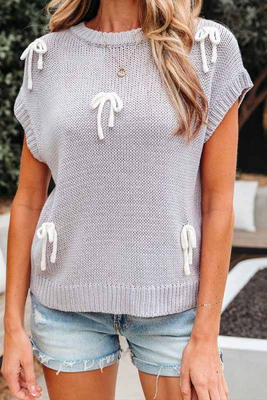 Solid Bow Applique Cap Sleeve Sweater