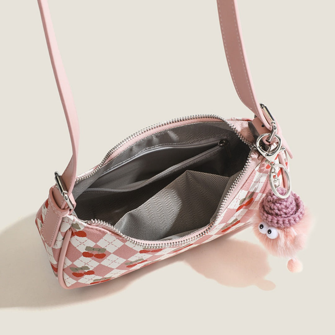 Small versatile underarm bag, cute cherry pattern shoulder bag, top handle bag, crescent bag  hobo