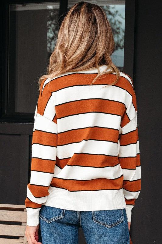 Valeria Stripe Ribbed Polo Collar Drop Shoulder Sw
