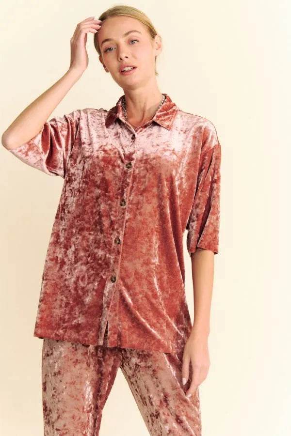 Davi & Dani Crushed Velvet Button Front Easy Lounge Shirt Top