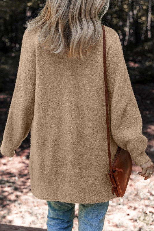 Solid Fuzzy Button-Front Cardigan