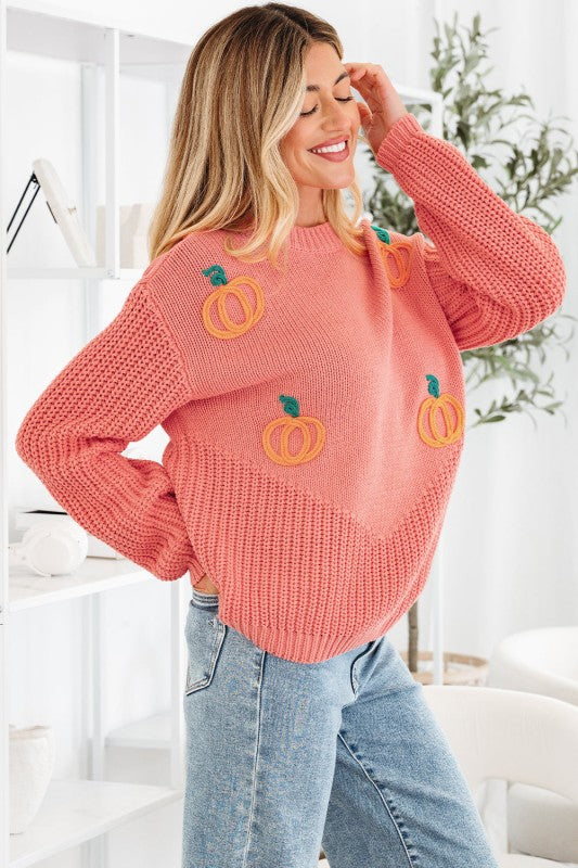 Pumpkin Embroidered Thanksgiving Holiday Sweater