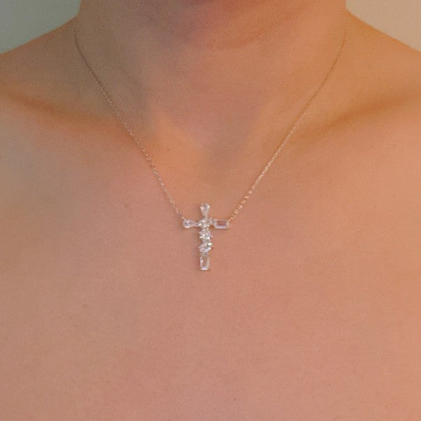 Modern Mixed-Cut Stone Cross Pendant Necklace